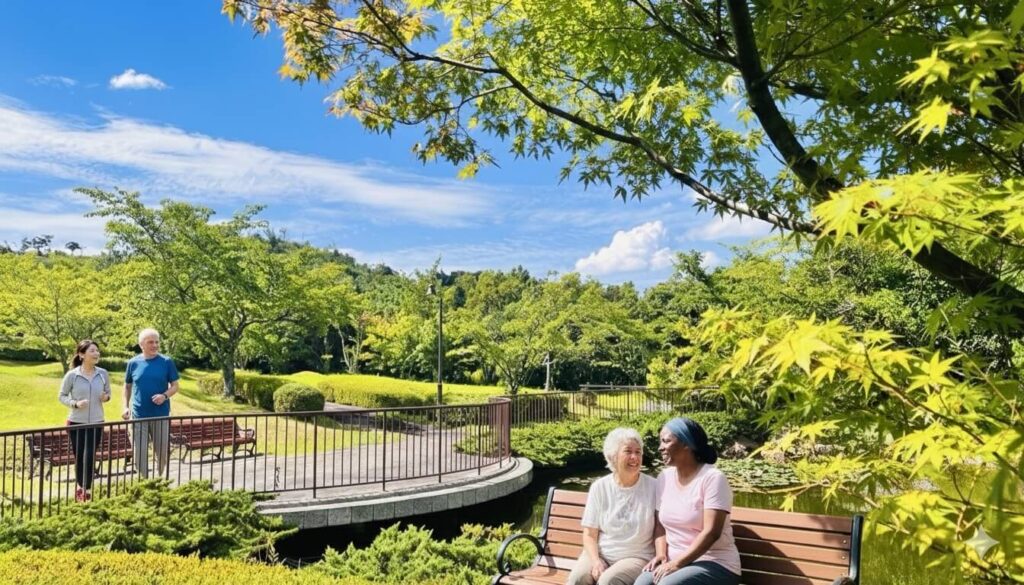 fotografia de um jardim na provinci de shimane onde pessoas da terceira idade aproveitam sua saude e vida feliz.